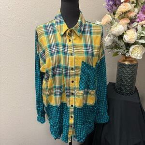 Umgee USA L Mustard Teal Mixed Plaid Button Down Shirt Fall Oversized Flannel